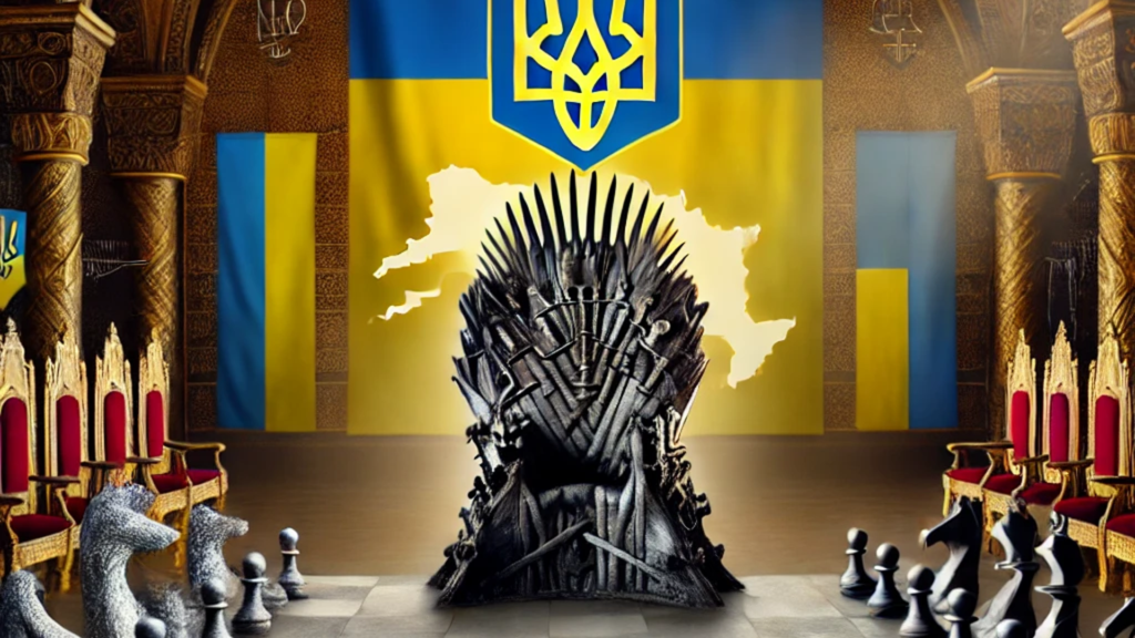 Метафорична політична сцена з шахівницею та залізним троном, символізує боротьбу за владу в Україні.