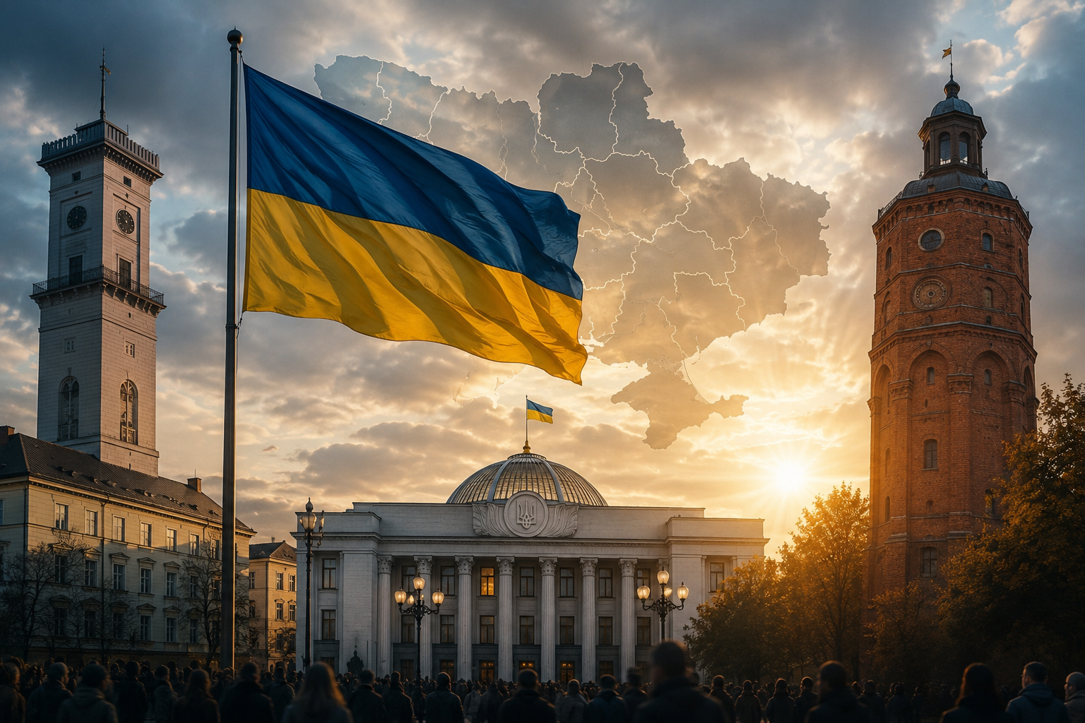 Регіональна політика України під час війни Символічне зображення Вінниці, Львова та Верховної Ради як ілюстрація до матеріалу про регіональну політику України