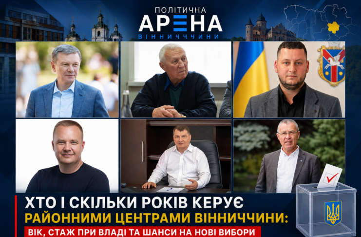 Колаж очільників районних центрів Вінниччини: Сергій Моргунов, Анатолій Гук, Вадим Кожуховський, Геннадій Глухманюк, Валерій Весняний та Микола Юрчишин