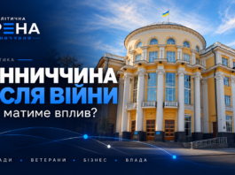Будівля Вінницької облради на обкладинці «Вінниччина після війни: хто матиме вплив?» із логотипом «Політична Арена Вінниччини».