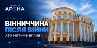 Будівля Вінницької облради на обкладинці «Вінниччина після війни: хто матиме вплив?» із логотипом «Політична Арена Вінниччини».